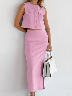 Liber summer women's daily casual solid color round neck sleeveless slim suit