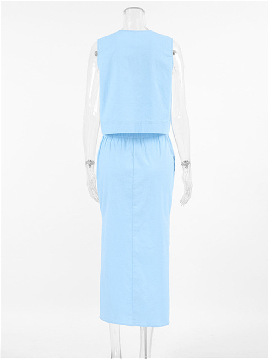 Liber summer women's daily casual solid color round neck sleeveless slim suit