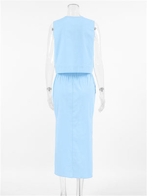 Liber summer women's daily casual solid color round neck sleeveless slim suit