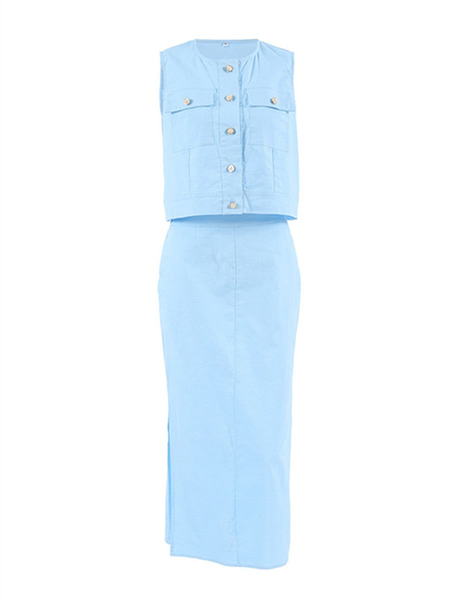 Liber summer women's daily casual solid color round neck sleeveless slim suit