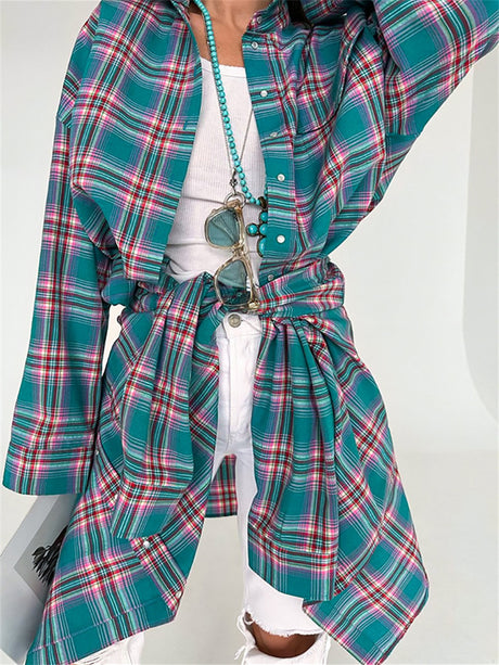 Liber Summer Women's Casual Sports Plaid Turned-edge Collar Long-sleeved Loose Suit