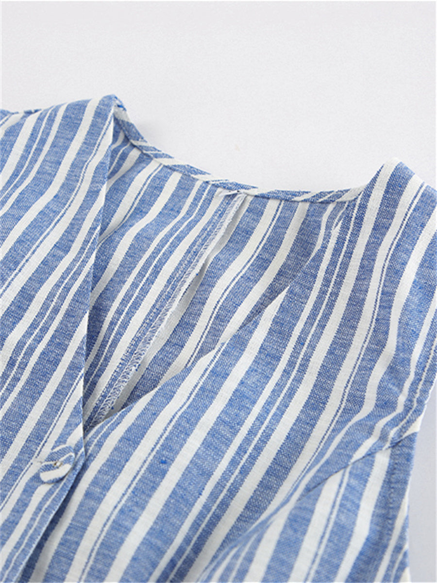 Liber Summer Women's Daily Casual Striped V-Neck Sleeveless Slim Suit