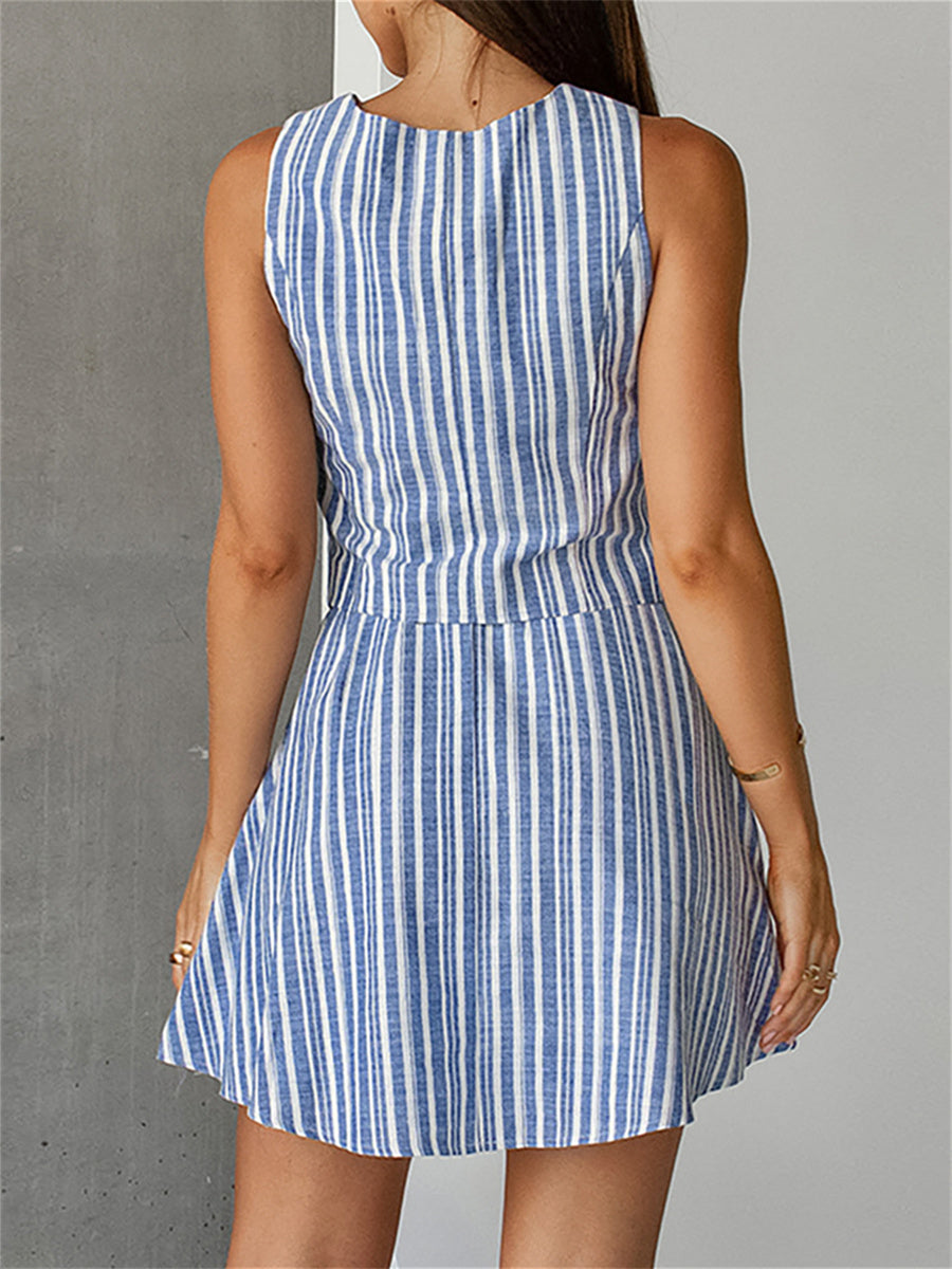 Liber Summer Women's Daily Casual Striped V-Neck Sleeveless Slim Suit