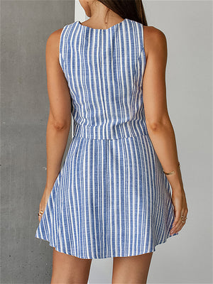 Liber Summer Women's Daily Casual Striped V-Neck Sleeveless Slim Suit