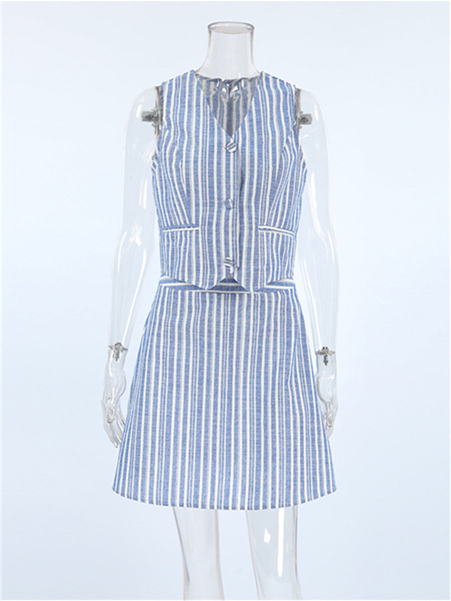 Liber Summer Women's Daily Casual Striped V-Neck Sleeveless Slim Suit