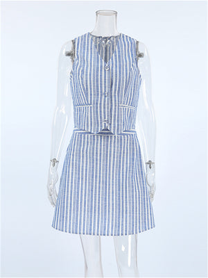 Liber Summer Women's Daily Casual Striped V-Neck Sleeveless Slim Suit