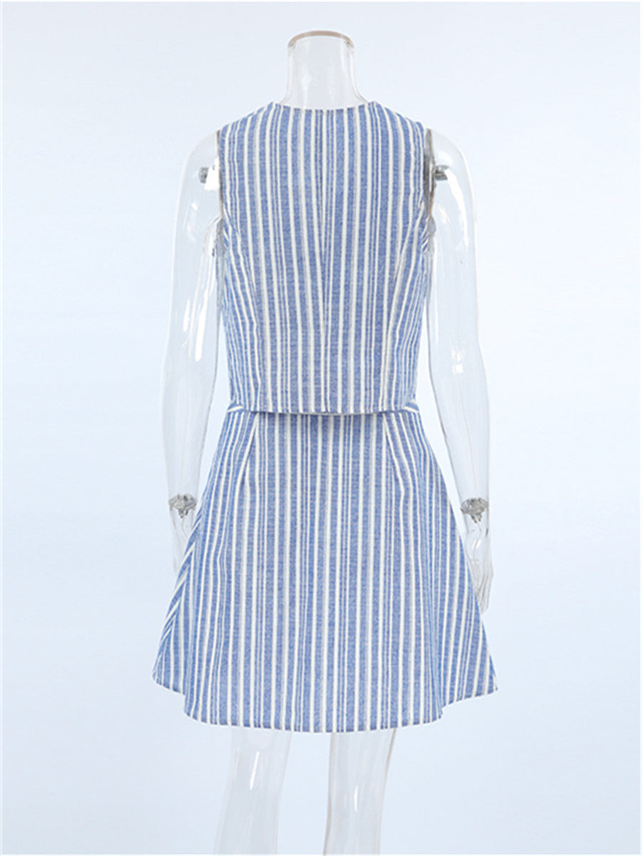 Liber Summer Women's Daily Casual Striped V-Neck Sleeveless Slim Suit