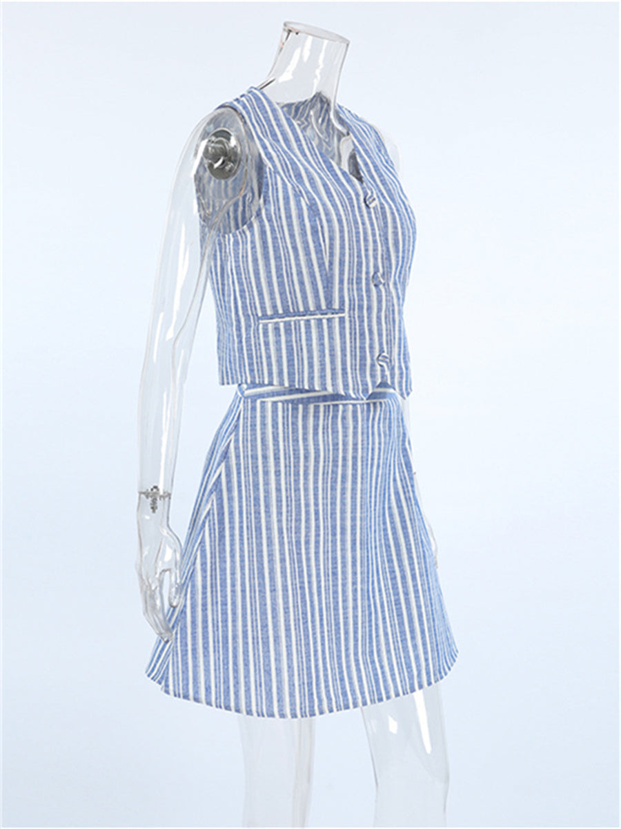 Liber Summer Women's Daily Casual Striped V-Neck Sleeveless Slim Suit