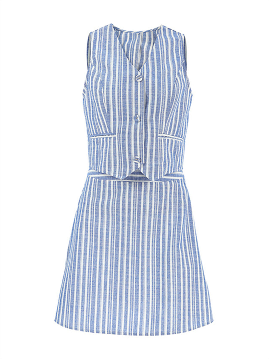 Liber Summer Women's Daily Casual Striped V-Neck Sleeveless Slim Suit
