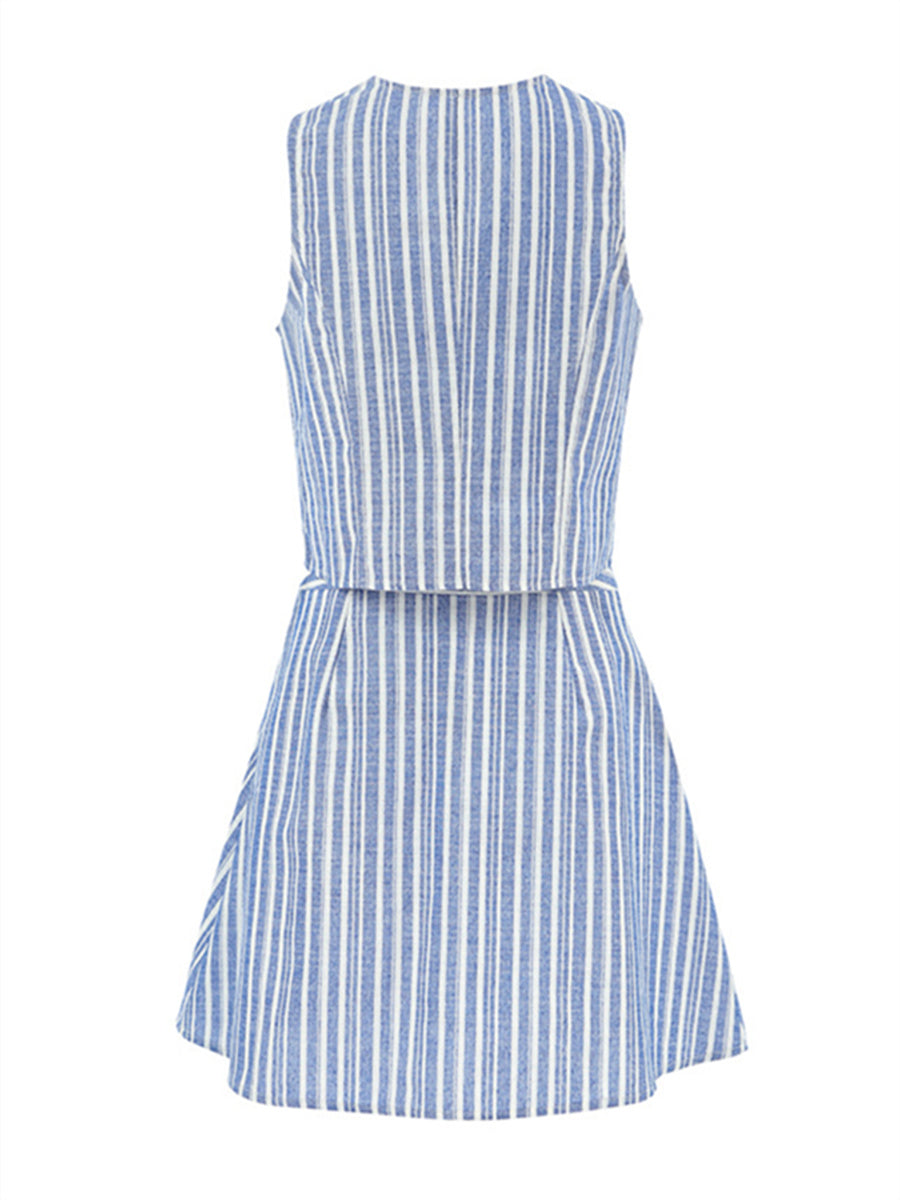 Liber Summer Women's Daily Casual Striped V-Neck Sleeveless Slim Suit