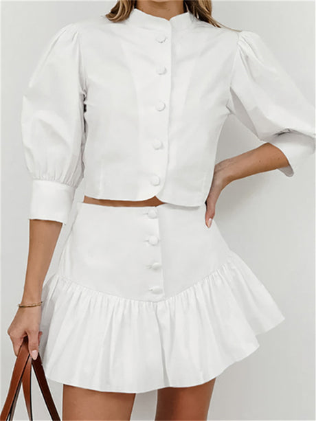 Liber summer women's daily casual solid color stand collar puff sleeve slim suit