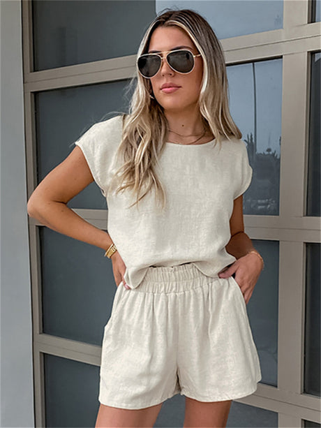 Liber summer women's daily casual solid color round neck sleeveless loose suit