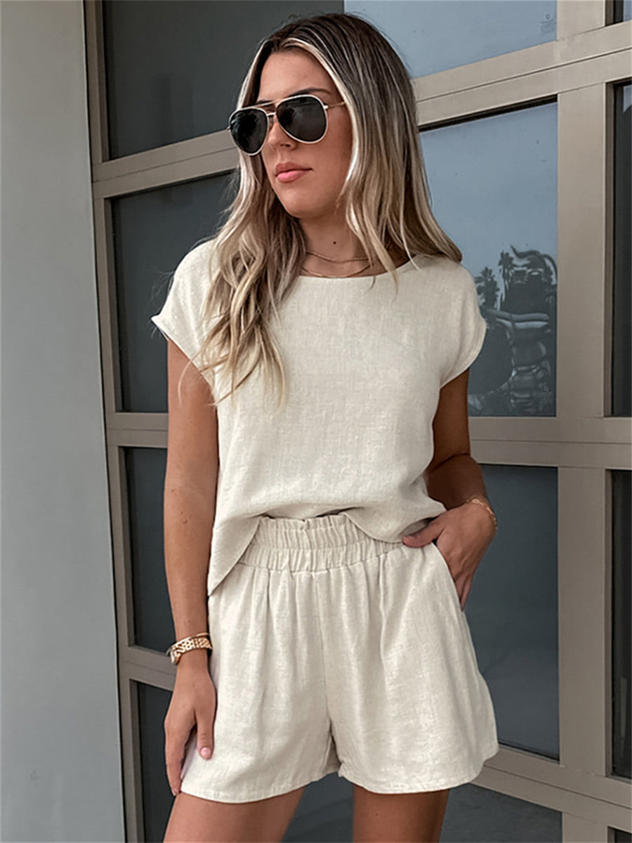 Liber summer women's daily casual solid color round neck sleeveless loose suit