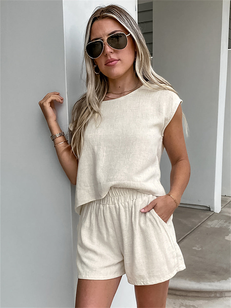 Liber summer women's daily casual solid color round neck sleeveless loose suit