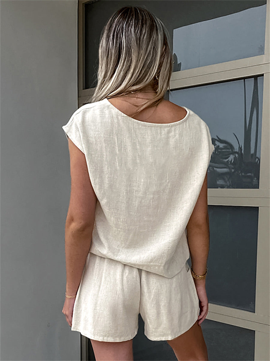 Liber summer women's daily casual solid color round neck sleeveless loose suit
