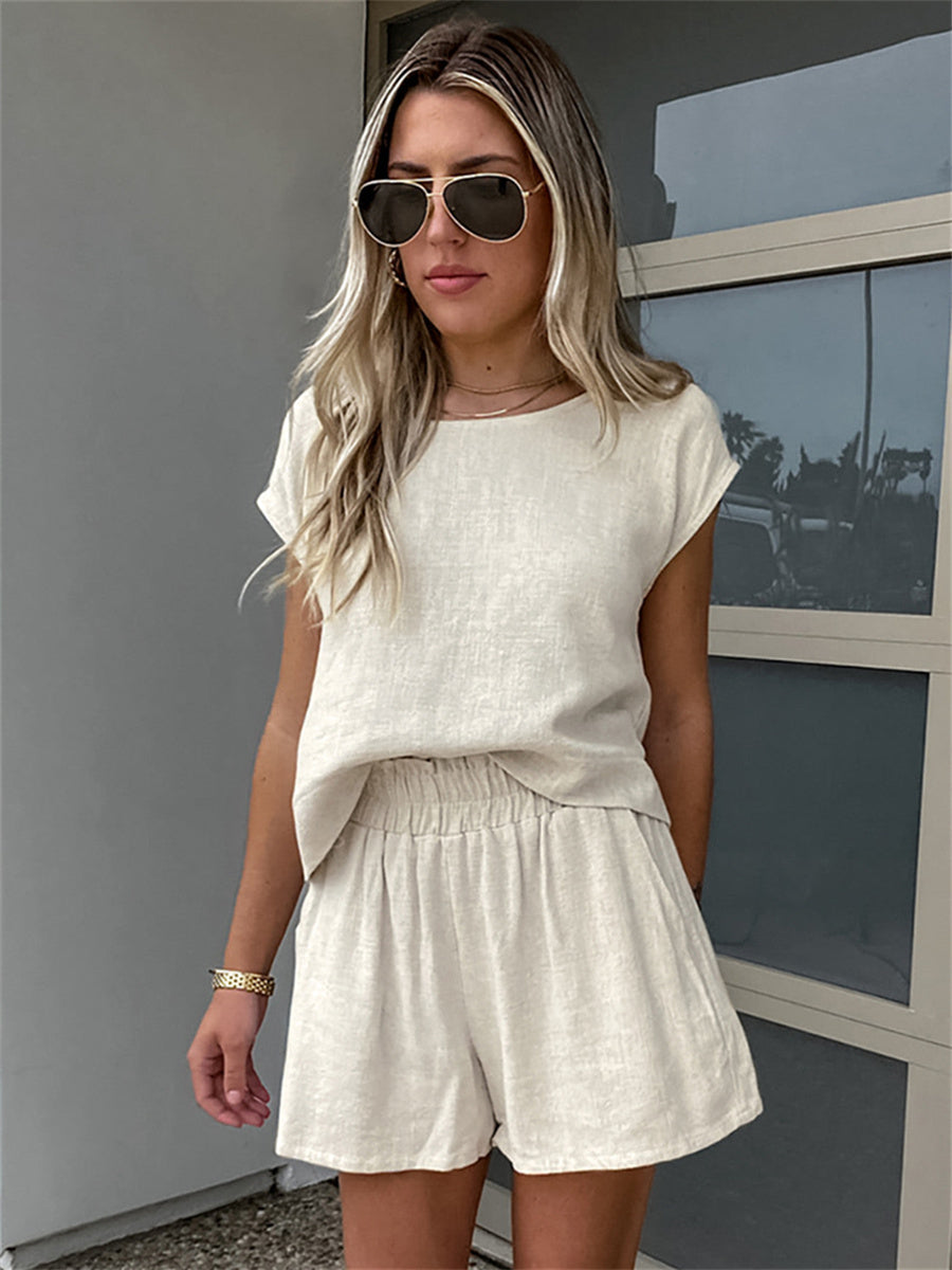 Liber summer women's daily casual solid color round neck sleeveless loose suit