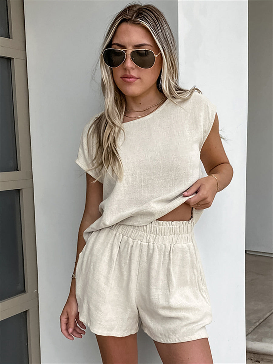 Liber summer women's daily casual solid color round neck sleeveless loose suit