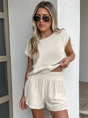 Liber summer women's daily casual solid color round neck sleeveless loose suit