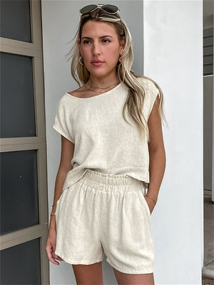 Liber summer women's daily casual solid color round neck sleeveless loose suit