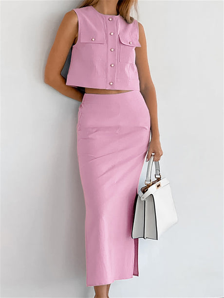 Liber summer women's daily casual solid color round neck sleeveless slim suit