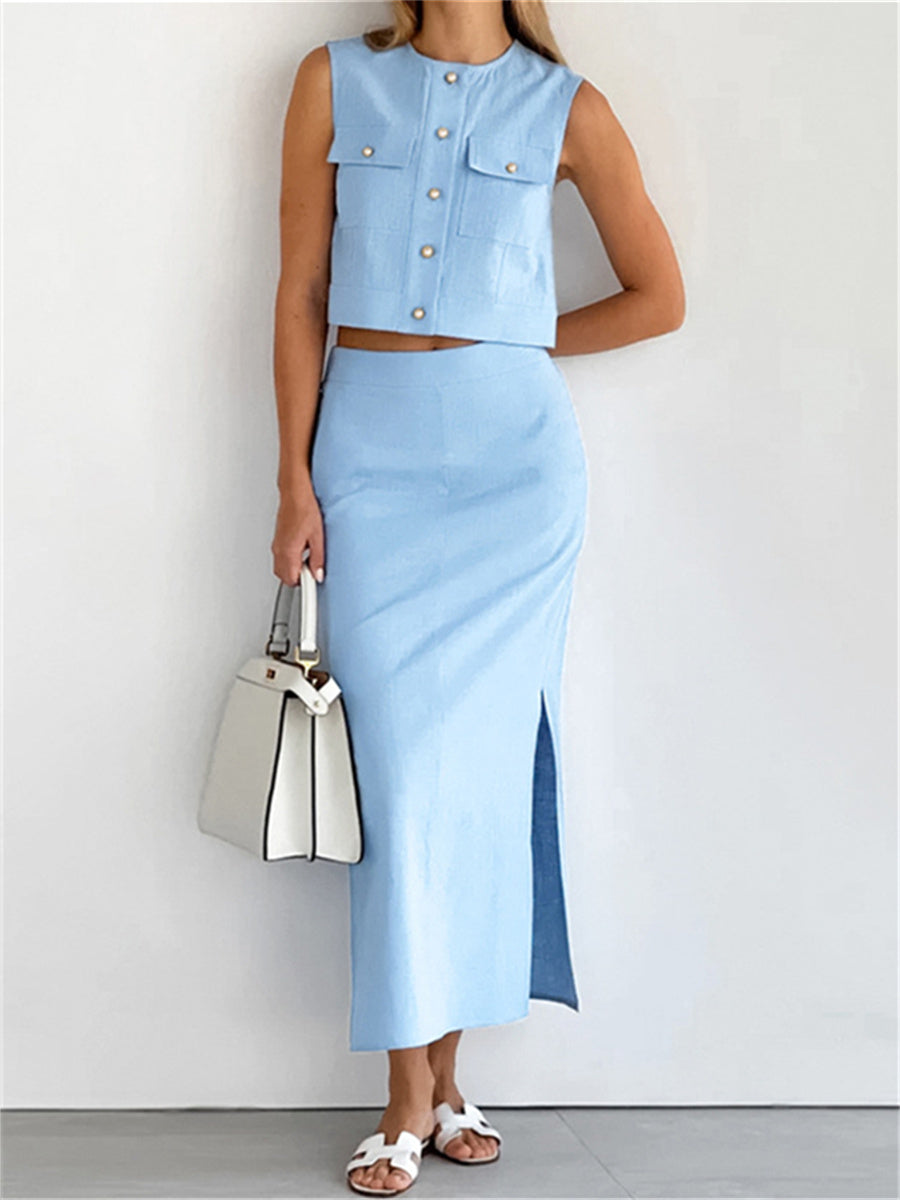 Liber summer women's daily casual solid color round neck sleeveless slim suit