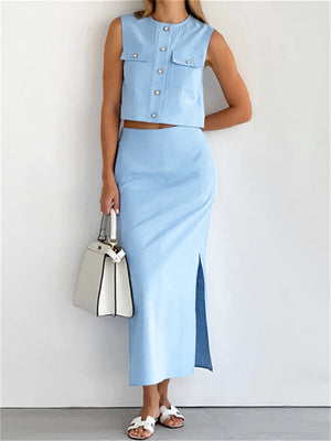 Liber summer women's daily casual solid color round neck sleeveless slim suit