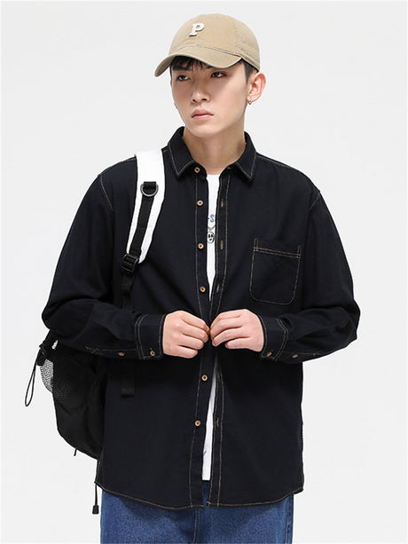 Liber summer men's daily casual solid color turn-up collar short-sleeved loose shirt