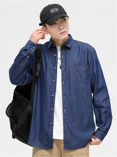 Liber summer men's daily casual solid color turn-up collar short-sleeved loose shirt