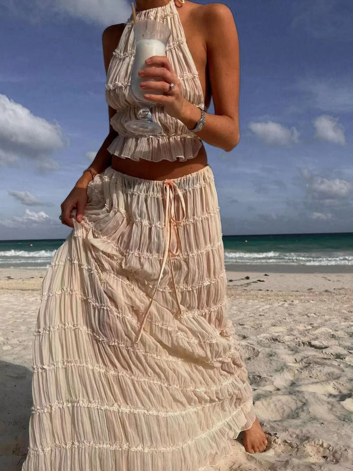 Liber Summer Women's Urban Outdoor Solid Color, Pleated Round Neck Sleeveless Two-Piece Suit
