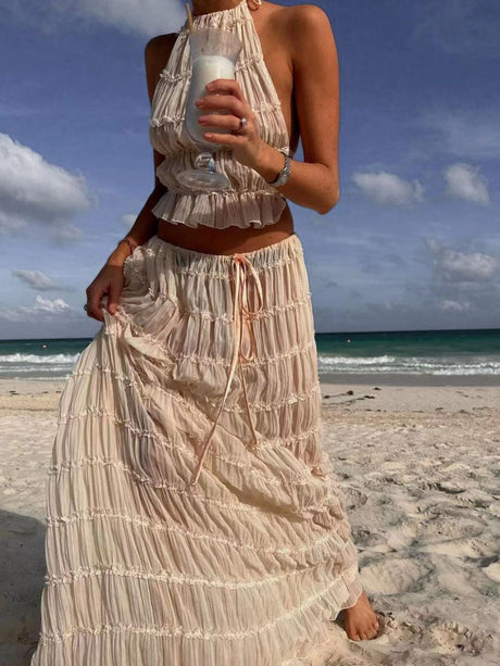 Liber Summer Women's Urban Outdoor Solid Color, Pleated Round Neck Sleeveless Two-Piece Suit