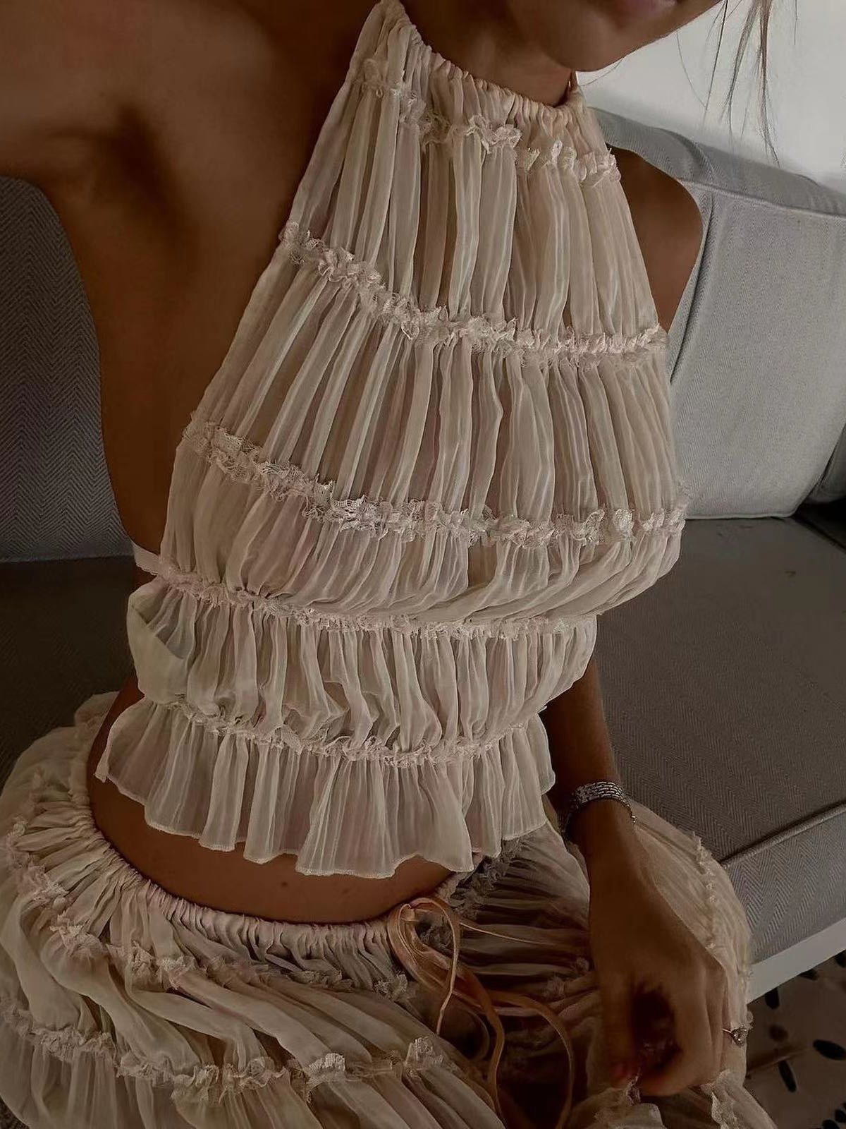 Liber Summer Women's Urban Outdoor Solid Color, Pleated Round Neck Sleeveless Two-Piece Suit