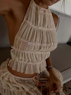 Liber Summer Women's Urban Outdoor Solid Color, Pleated Round Neck Sleeveless Two-Piece Suit