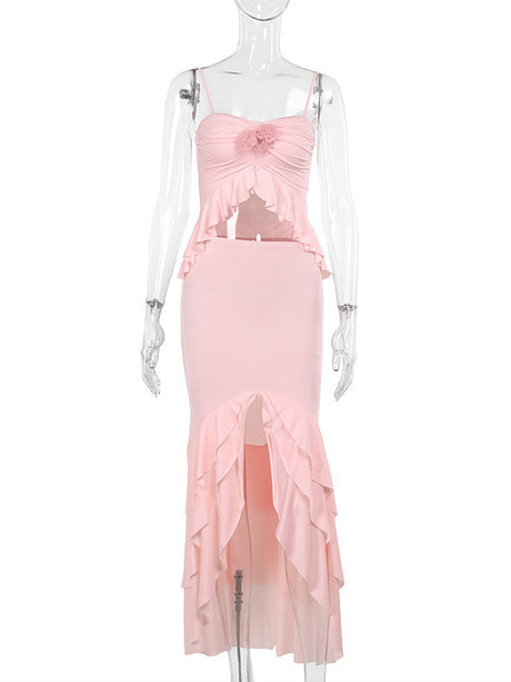 Liber Summer Women's Urban Outdoor Ruffle Square Neck Sleeveless Two-Piece Suit