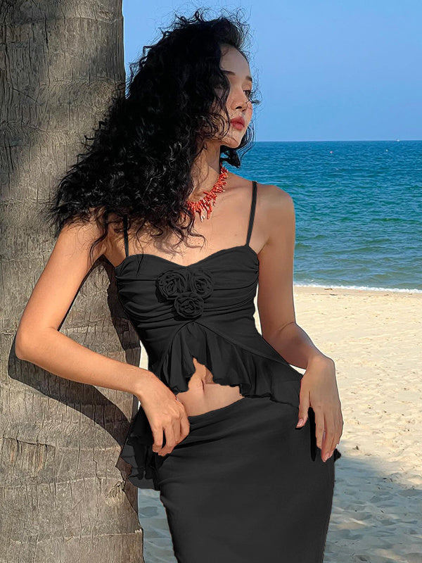 Liber Summer Women's Urban Outdoor Ruffle Square Neck Sleeveless Two-Piece Suit