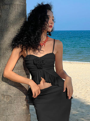 Liber Summer Women's Urban Outdoor Ruffle Square Neck Sleeveless Two-Piece Suit