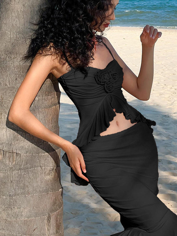 Liber Summer Women's Urban Outdoor Ruffle Square Neck Sleeveless Two-Piece Suit