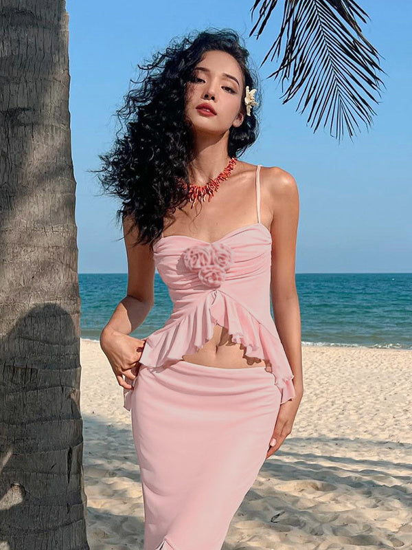 Liber Summer Women's Urban Outdoor Ruffle Square Neck Sleeveless Two-Piece Suit
