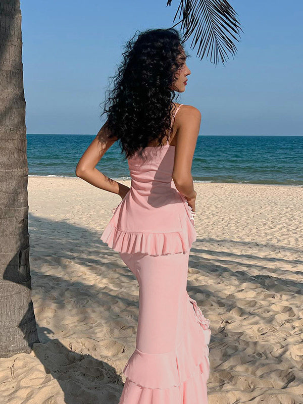 Liber Summer Women's Urban Outdoor Ruffle Square Neck Sleeveless Two-Piece Suit