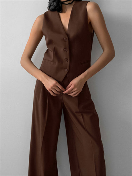 Liber Summer Women's Daily Casual Solid Color V-neck Sleeveless Slim Fit Two-piece Suit