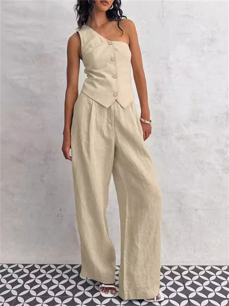 Liber summer women's clothing daily leisure solid color sleeveless slim fit two-piece suit
