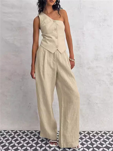 Liber summer women's clothing daily leisure solid color sleeveless slim fit two-piece suit