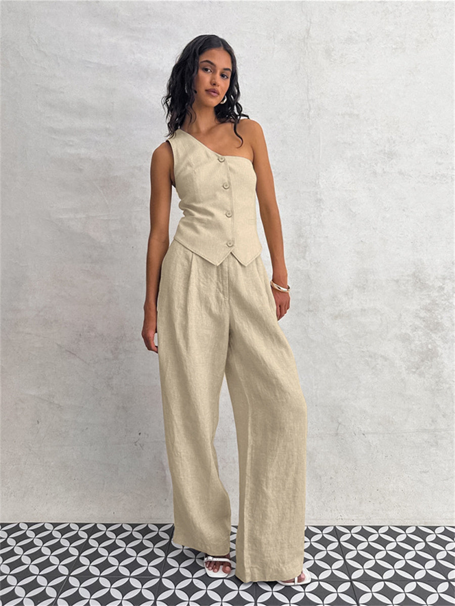 Liber summer women's clothing daily leisure solid color sleeveless slim fit two-piece suit