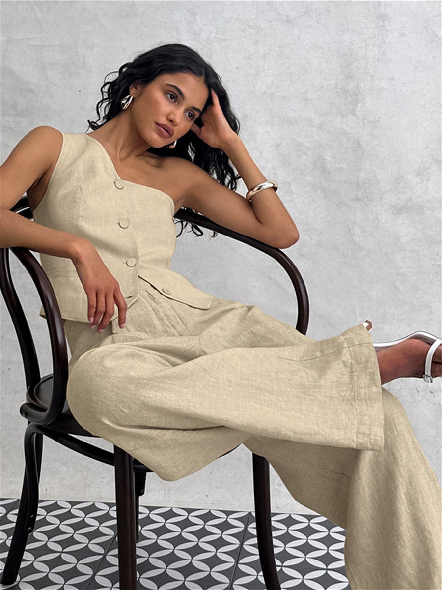 Liber summer women's clothing daily leisure solid color sleeveless slim fit two-piece suit
