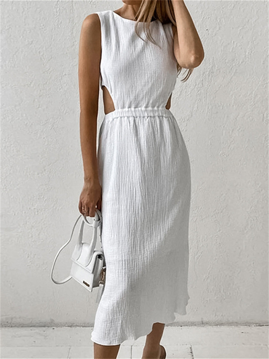 Liber summer women's daily casual solid color round neck sleeveless slim dress