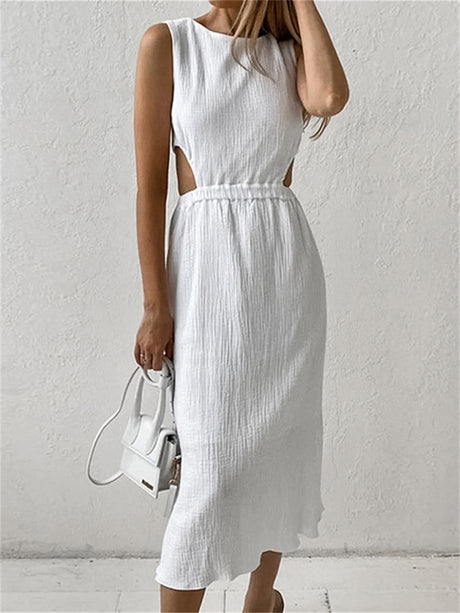 Liber summer women's daily casual solid color round neck sleeveless slim dress
