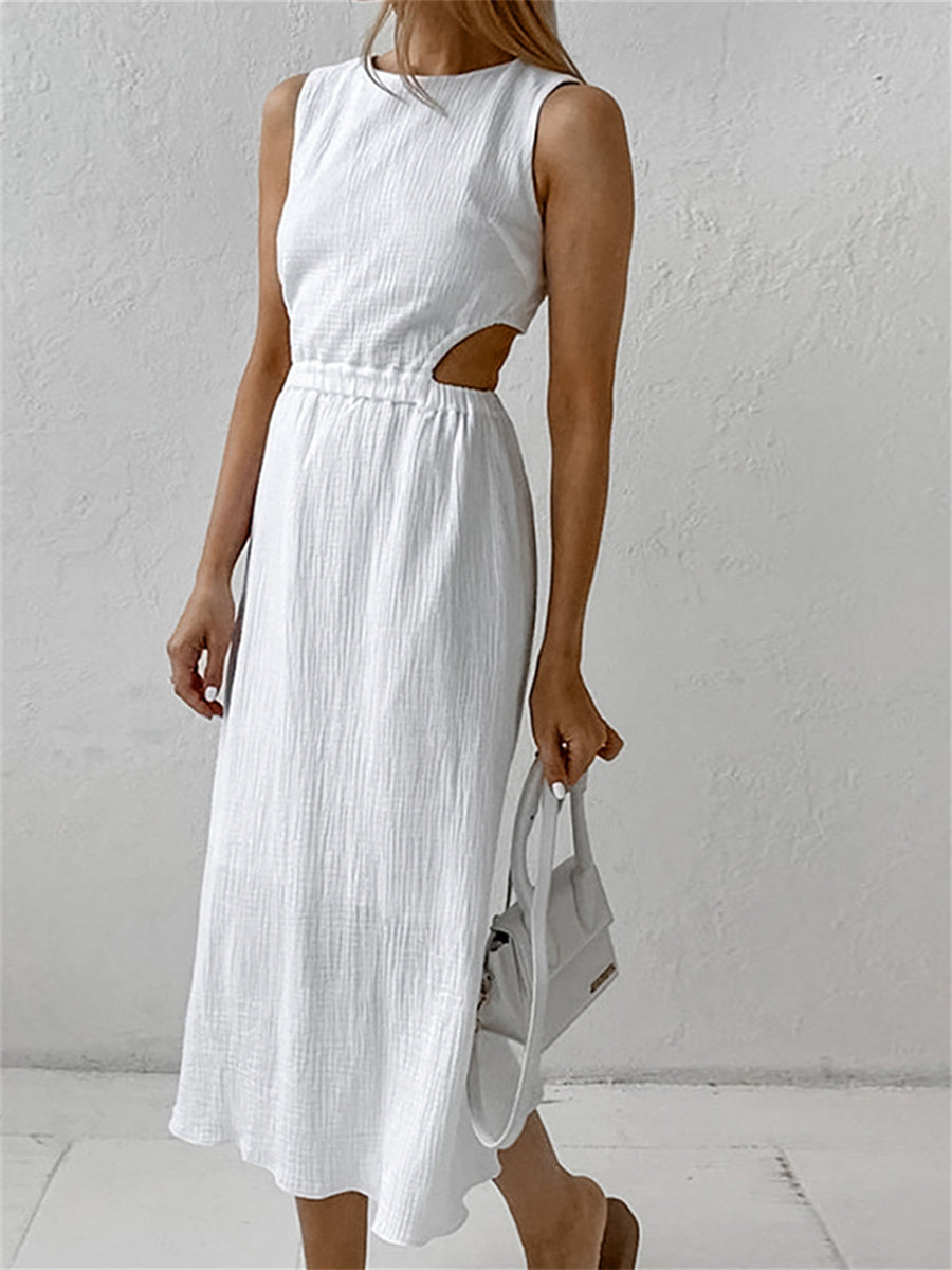 Liber summer women's daily casual solid color round neck sleeveless slim dress