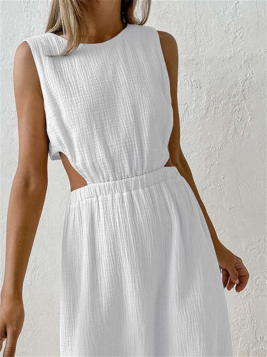 Liber summer women's daily casual solid color round neck sleeveless slim dress