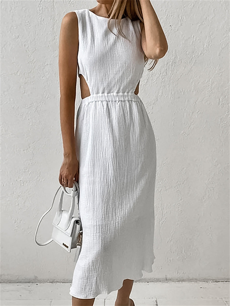Liber summer women's daily casual solid color round neck sleeveless slim dress