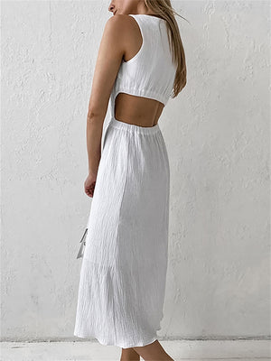 Liber summer women's daily casual solid color round neck sleeveless slim dress
