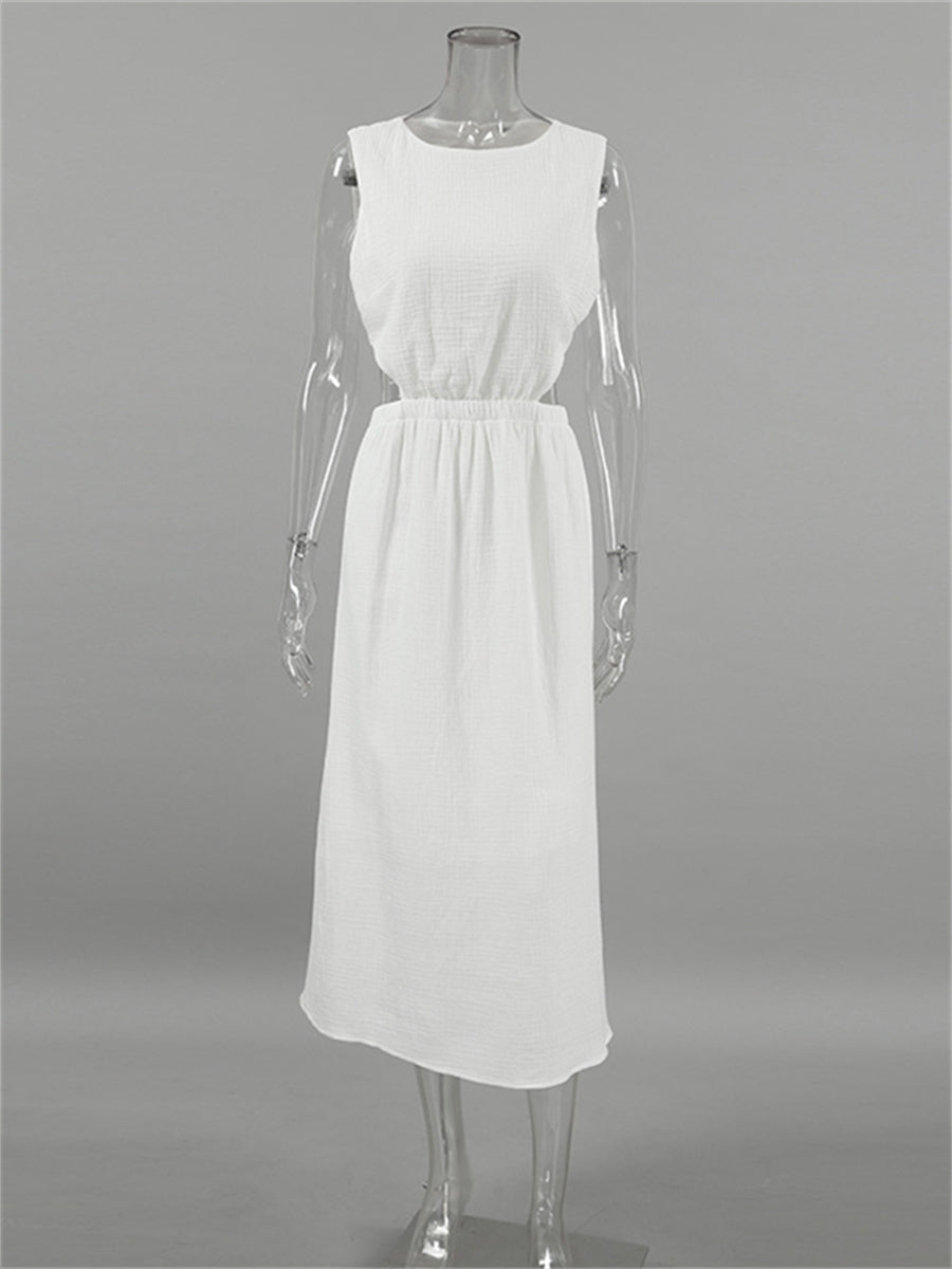 Liber summer women's daily casual solid color round neck sleeveless slim dress